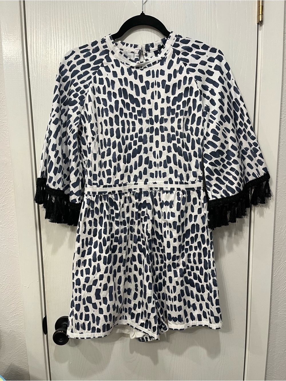 RARE Katie Kime Watermarks Stretch Cotton Romper Open Back Tasseled Sleeves XS